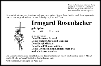 Traueranzeige von Irmgard Rosenlacher von Südthüringer Presse