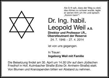 Traueranzeige von Leopold Weil von Frankenpost
