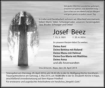 Traueranzeige von Josef Beez von Neue Presse Coburg