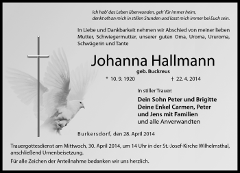 Traueranzeige von Johanna Hallmann von Neue Presse Coburg