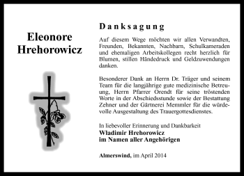 Traueranzeige von Eleonore Hrehorowicz von Südthüringer Presse