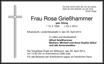 Traueranzeige von Rosa Grießhammer von Frankenpost