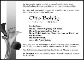 Traueranzeige von Otto Bohlig von Südthüringer Presse