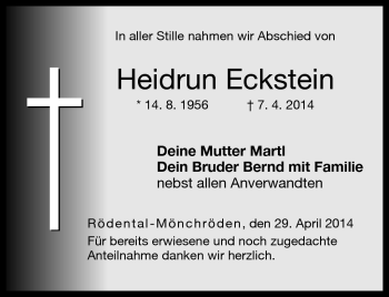 Traueranzeige von Heidrun Eckstein von Neue Presse Coburg