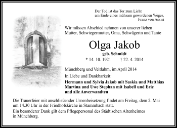 Traueranzeige von Olga Jakob von Frankenpost