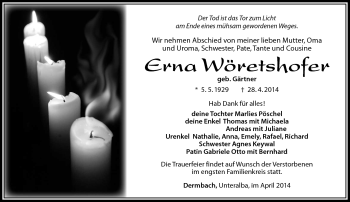 Traueranzeige von Erna Wöretshofer von Südthüringer Presse