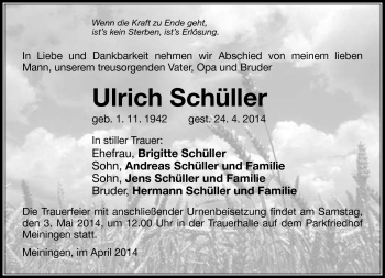 Traueranzeige von Ulrich Schüller von Südthüringer Presse