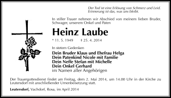 Traueranzeige von Heinz Laube von Südthüringer Presse