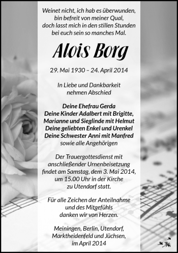 Traueranzeige von Alois Borg von Südthüringer Presse