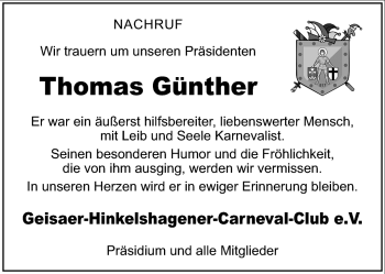 Traueranzeige von Thomas Günther von Südthüringer Presse
