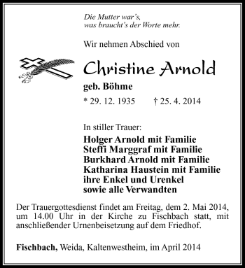 Traueranzeige von Christine Arnold von Südthüringer Presse