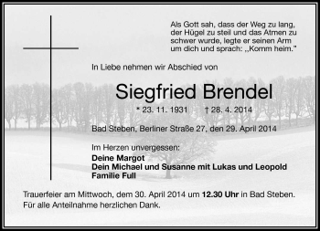 Traueranzeige von Siegfried Brendel von Frankenpost