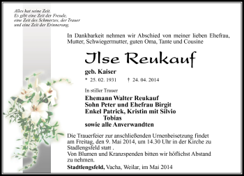 Traueranzeige von Ilse Reukauf von Südthüringer Presse