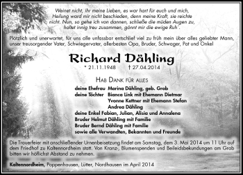 Traueranzeige von Richard Dähling von Südthüringer Presse