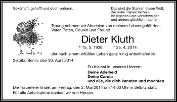 Traueranzeige von Dieter Kluth von Frankenpost
