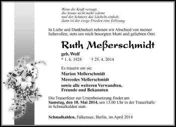 Traueranzeige von Ruth Meßerschmidt von Südthüringer Presse
