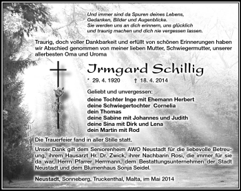 Traueranzeige von Irmgard Schillig von Südthüringer Presse