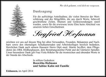 Traueranzeige von Siegfried Hofmann von Südthüringer Presse