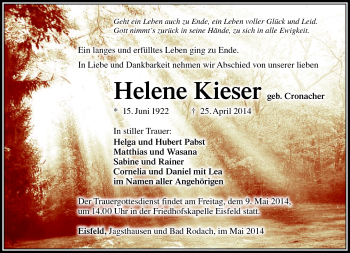 Traueranzeige von Helene Kieser von Südthüringer Presse