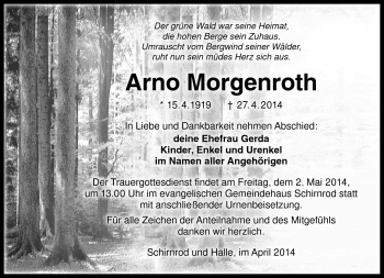 Traueranzeige von Arno Morgenroth von Südthüringer Presse