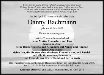 Traueranzeige von Danny Bachmann von Südthüringer Presse