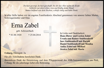 Traueranzeige von Erna Zabel von Neue Presse Coburg