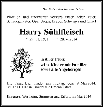 Traueranzeige von Harry Sühlfleisch von Südthüringer Presse