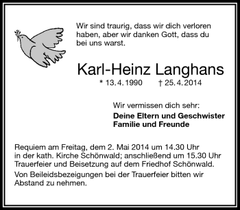 Traueranzeige von Karl-Heinz Langhans von Frankenpost