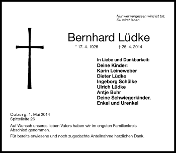 Traueranzeige von Bernhard Lüdke von Neue Presse Coburg