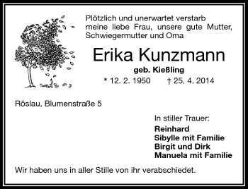Traueranzeige von Erika Kunzmann von Frankenpost