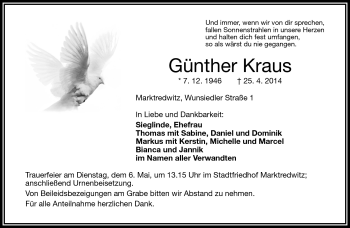 Traueranzeige von Günther Kraus von Frankenpost