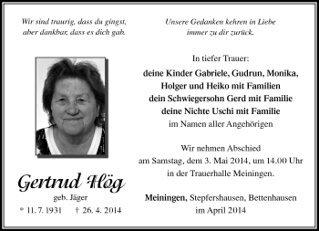 Traueranzeige von Gertrud Hög von Südthüringer Presse