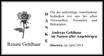 Traueranzeige von Renate Gehlhaar von Südthüringer Presse