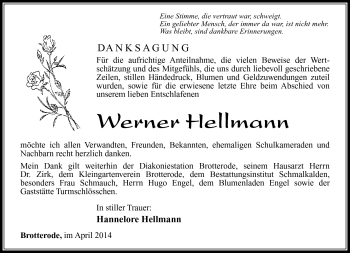 Traueranzeige von Werner Hellmann von Südthüringer Presse