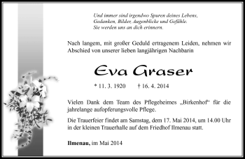 Traueranzeige von Eva Graser von Südthüringer Presse
