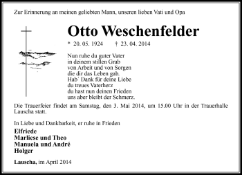 Traueranzeige von Otto Weschenfelder von Südthüringer Presse