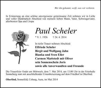 Traueranzeige von Paul Scheler von Südthüringer Presse