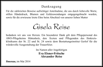 Traueranzeige von Gisela Reise von Südthüringer Presse