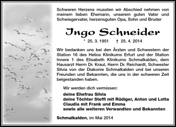 Traueranzeige von Ingo Schneider von Südthüringer Presse