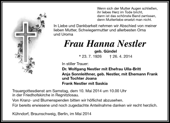 Traueranzeige von Hanna Nestler von Frankenpost