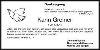 Traueranzeige von Karin Greiner von Frankenpost