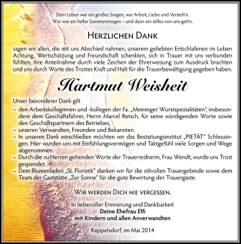 Traueranzeige von Hartmut Weisheit von Südthüringer Presse