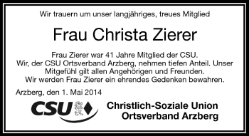 Traueranzeige von Christa Zierer von Frankenpost