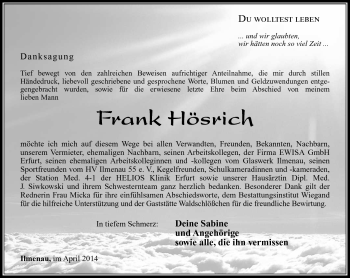 Traueranzeige von Frank Hösrich von Südthüringer Presse
