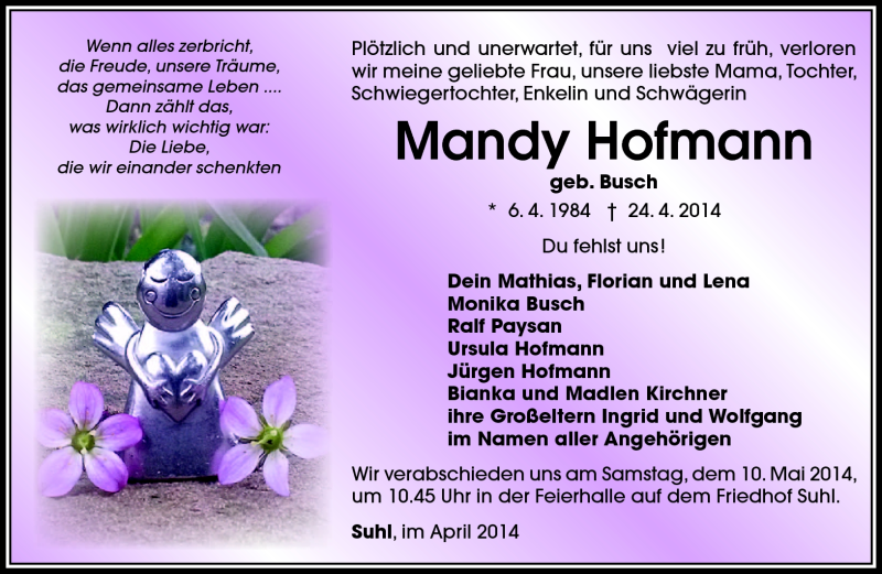  Traueranzeige für Mandy Hofmann vom 03.05.2014 aus Südthüringer Presse