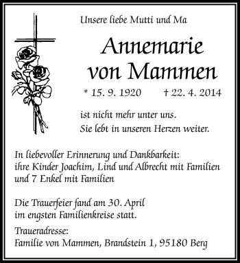 Traueranzeige von Annemarie von Mammen von Frankenpost