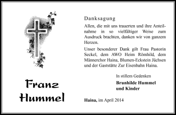 Traueranzeige von Franz Hummel von Südthüringer Presse