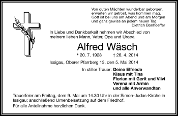 Traueranzeige von Alfred Wäsch von Frankenpost