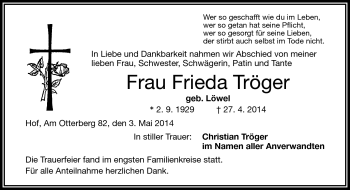 Traueranzeige von Frieda Tröger von Frankenpost