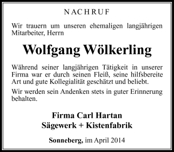 Traueranzeige von Wolfgang Wölkerling von Südthüringer Presse